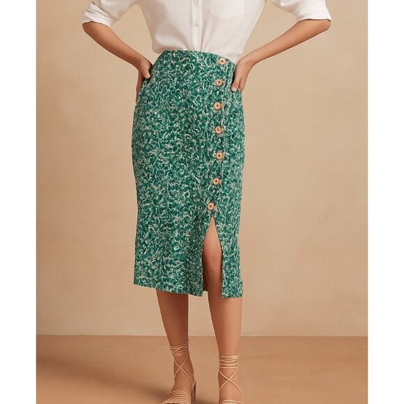 Hutch Dresses & Skirts - Anthropologie Hutch Green Leaf Print Linen Midi Skirt Button Front Size 4